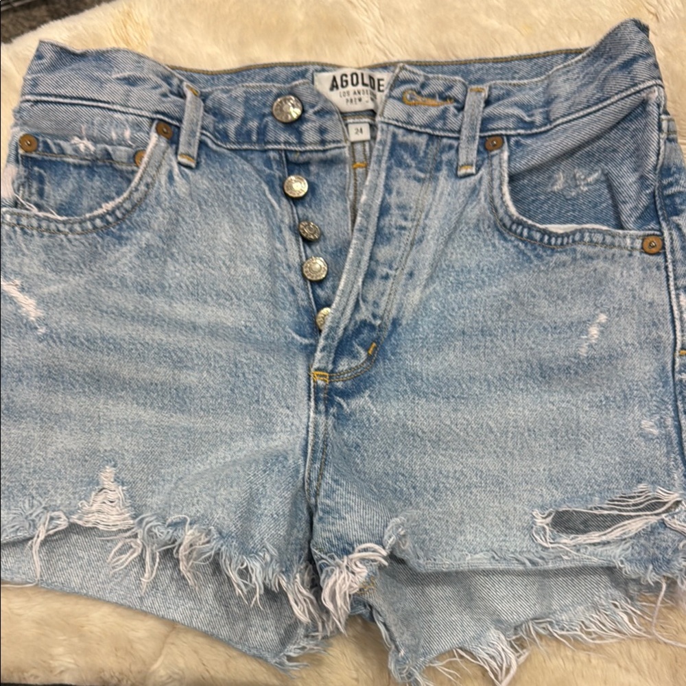 Agolde Blue High-Waisted Jean Shorts with Distressed Hem